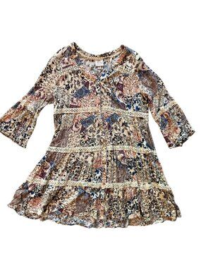 Women's KNOX ROSE Lace Trim 3/4 Bell Sleeve Floral Patchwork Mini Dress XL
